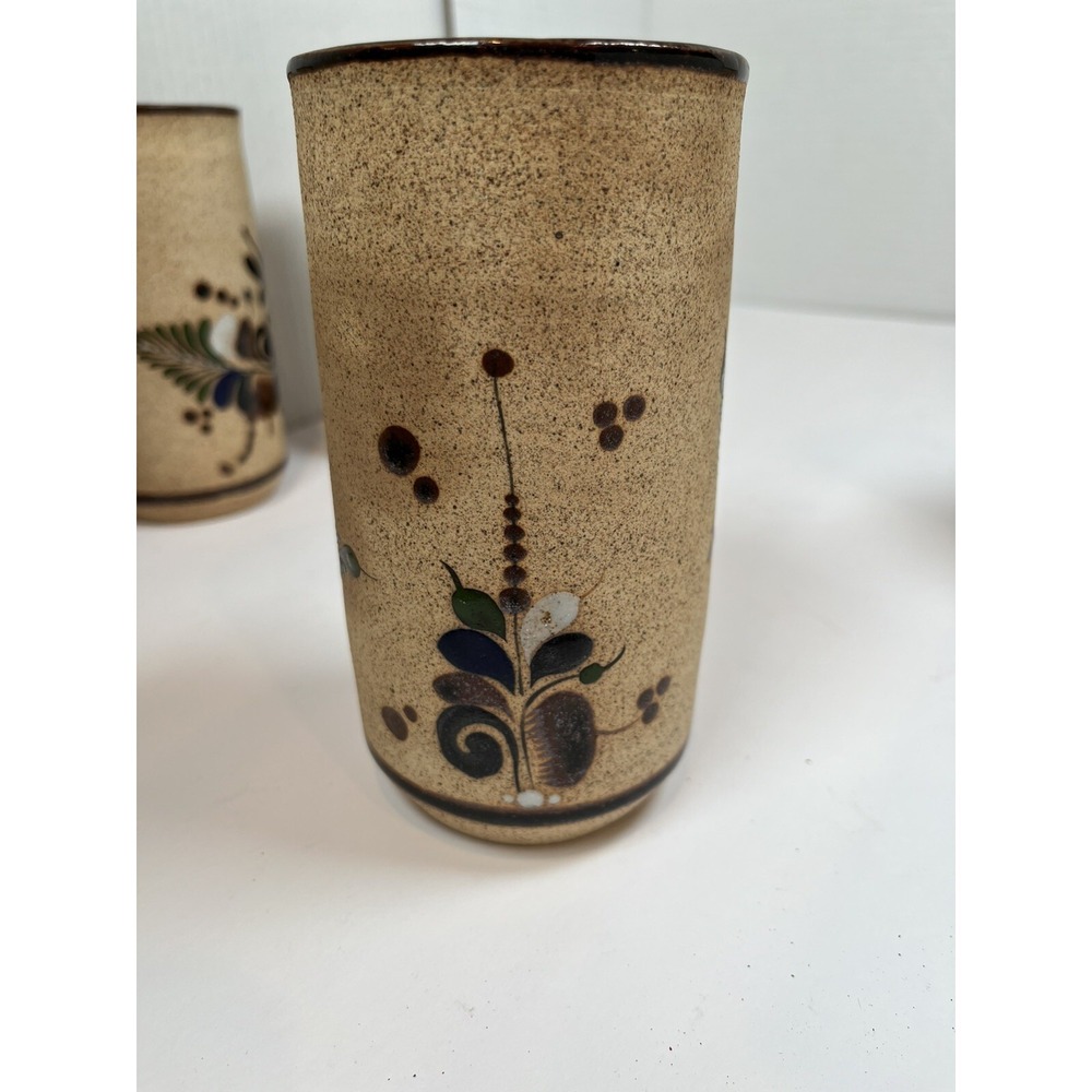 Tonala Pottery Cups Painted Blue Flowers Bird Stone Ware Lot Of 5 Netzi Mexico - Picture 14 of 16